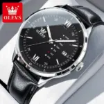 Olevs 2931 Leather Watch For Men-Black Silver