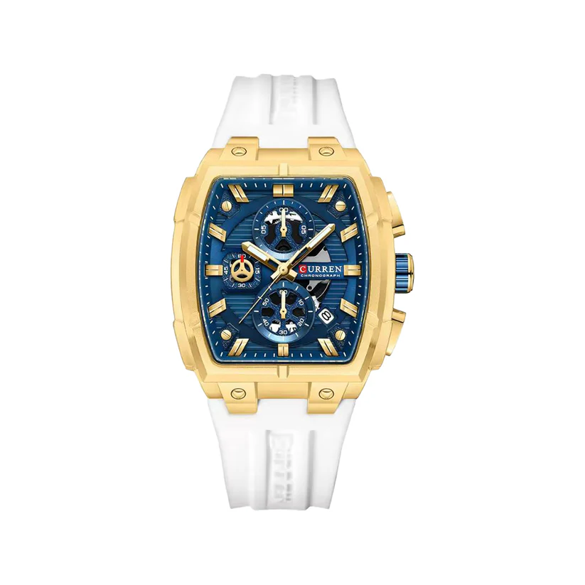 CURREN-8488-Silicone-Watch-For-Men-White-Gold-Blue.webp CURREN 8488 Silicone Watch For Men - White Gold Blue - Image 1