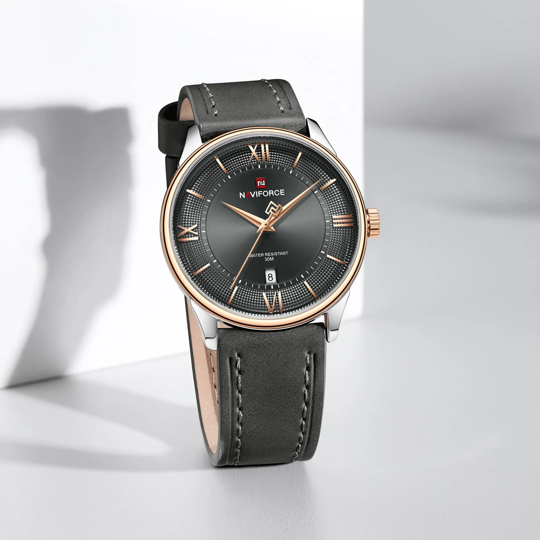 Naviforce-9272-Rose-Gray.webp Naviforce 9272 Leather Belt Watch For Men - Rose Gray - Image 1