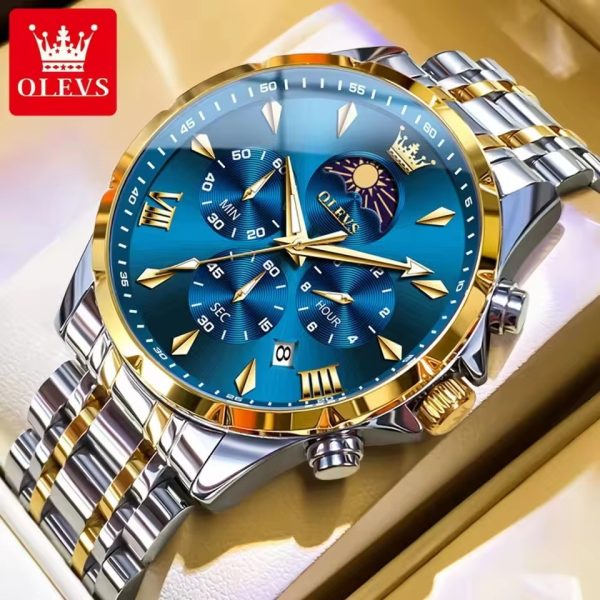 OLEVS-3653-Moon-Phase-Chronograph-Stainless-Steel-Mens-Watch-Gold-Blue-.jpg OLEVS 3653 Moon Phase Men’s Watch - Gold Blue - Image 1