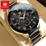OLEVS 7004 Chronograph Moonphase Original Ceramic Watch For Men – Gold Black - Image 2