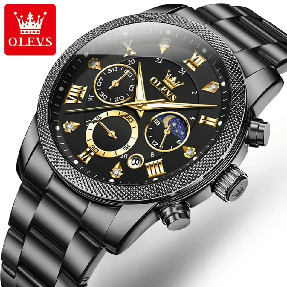 Olevs-3660-CH-For-Men-Black-Gold.webp Olevs 3660 Watch For Woman - Black Gold - Image 1