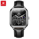 Olevs 9914 leather Strap Watch for Men-Silver Black - Image 2