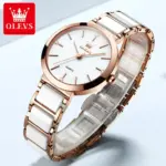 OLEVS 5877 Ceramic Watch For Women - Rose Gold White - Image 2