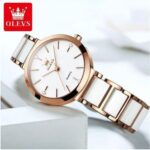 OLEVS 5877 Ceramic Watch For Women - Rose Gold White - Image 5