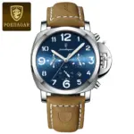 Poedagar 859 Watch For Men-Brown Leather and Blue Dial