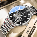 POEDAGAR 1416 Automatic Mechanical Stainless Steel Men’s Watch – Full Silver Black