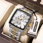 POEDAGAR 866 Luxury Square Chronograph Men’s Watch Silver Gold And White