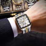 POEDAGAR 866 Luxury Square Chronograph Men’s Watch Silver Gold And White - Image 3