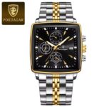 POEDAGAR 866 Luxury Square Chronograph Men’s Watch Golden Silver and Black - Image 2