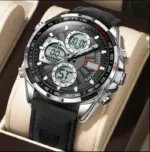 POEDAGAR E108 Multi-Function Dual Display Watch For Men-Silver Black