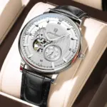 Poedagar 1416 Automatic Mechanical Watch For Men - White Dial Black Belt