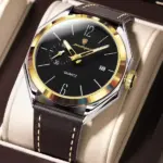 Poedagar 689 Leather Watch For Men - Silver Brown Gold Black