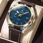 Poedagar 689 Leather Watch For Men - Silver Brown Gold Blue