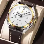 Poedagar 689 Leather Watch For Men - Silver Brown Gold White