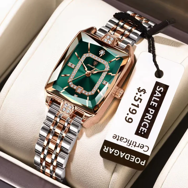 Poedagar-785-Two-Tone-Green-Dial—-Womens-Waterproof-Rectangle-Luxury-Quartz-Watch.webp Poedagar785 Orginal Watch For Woman - Golden Silver and Green - Image 1
