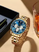 Poedagar 815 Cornograph Watch For Men - Gold Blue - Image 2