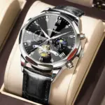Poedagar 938 Leather Watch For Men - Silver Black