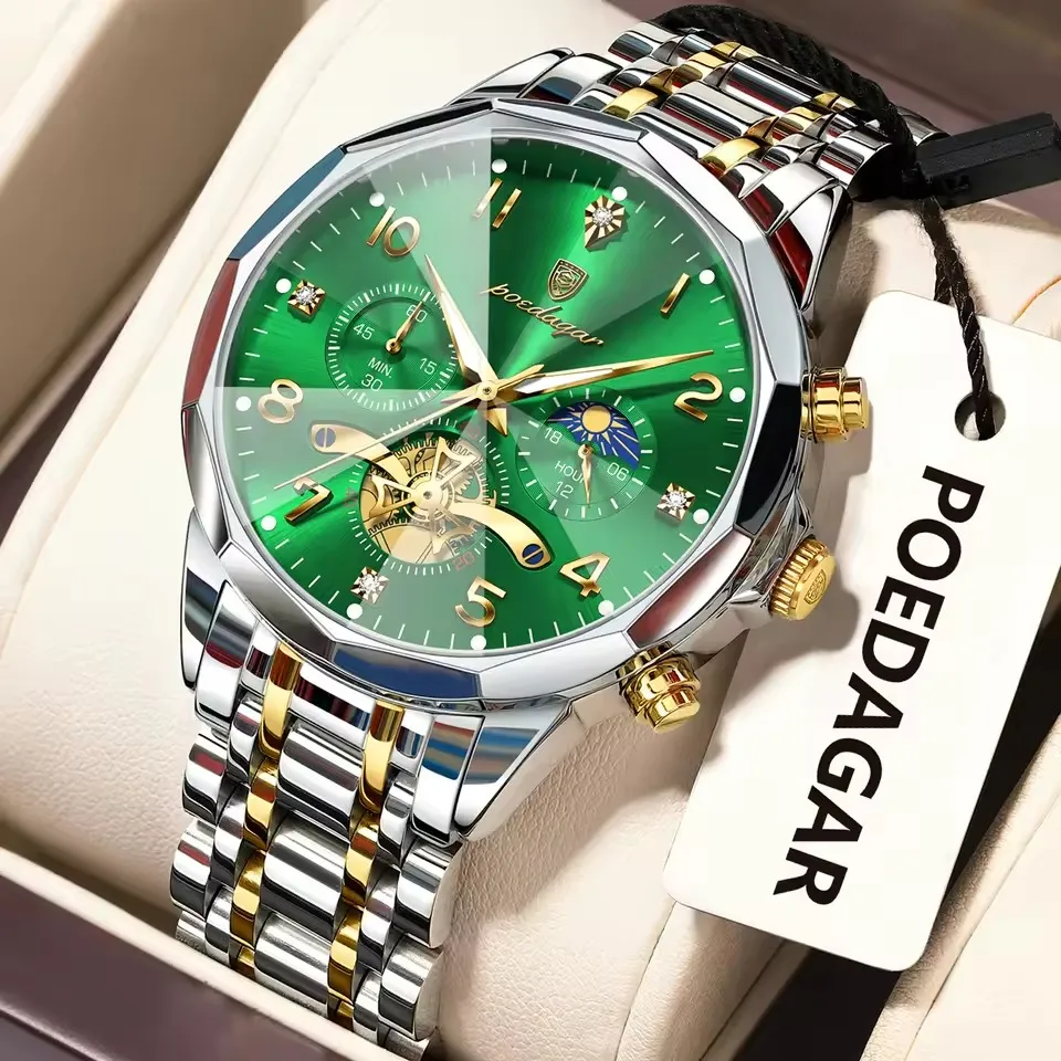 Poedagar-939-Chain-Watch-For-Men-Silver-Gold-Green.webp Poedagar 939 Chain Watch For Men - Silver Gold Green - Image 1
