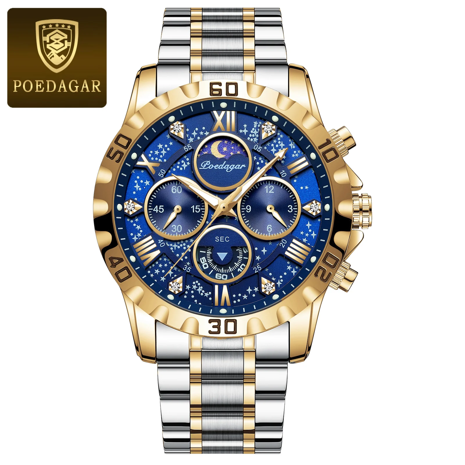 Poedagar-973-Chain-Watch-For-Men-Silver-Gold-Blue.webp Poedagar 973 Chain Watch For Men - Silver Gold Blue - Image 1