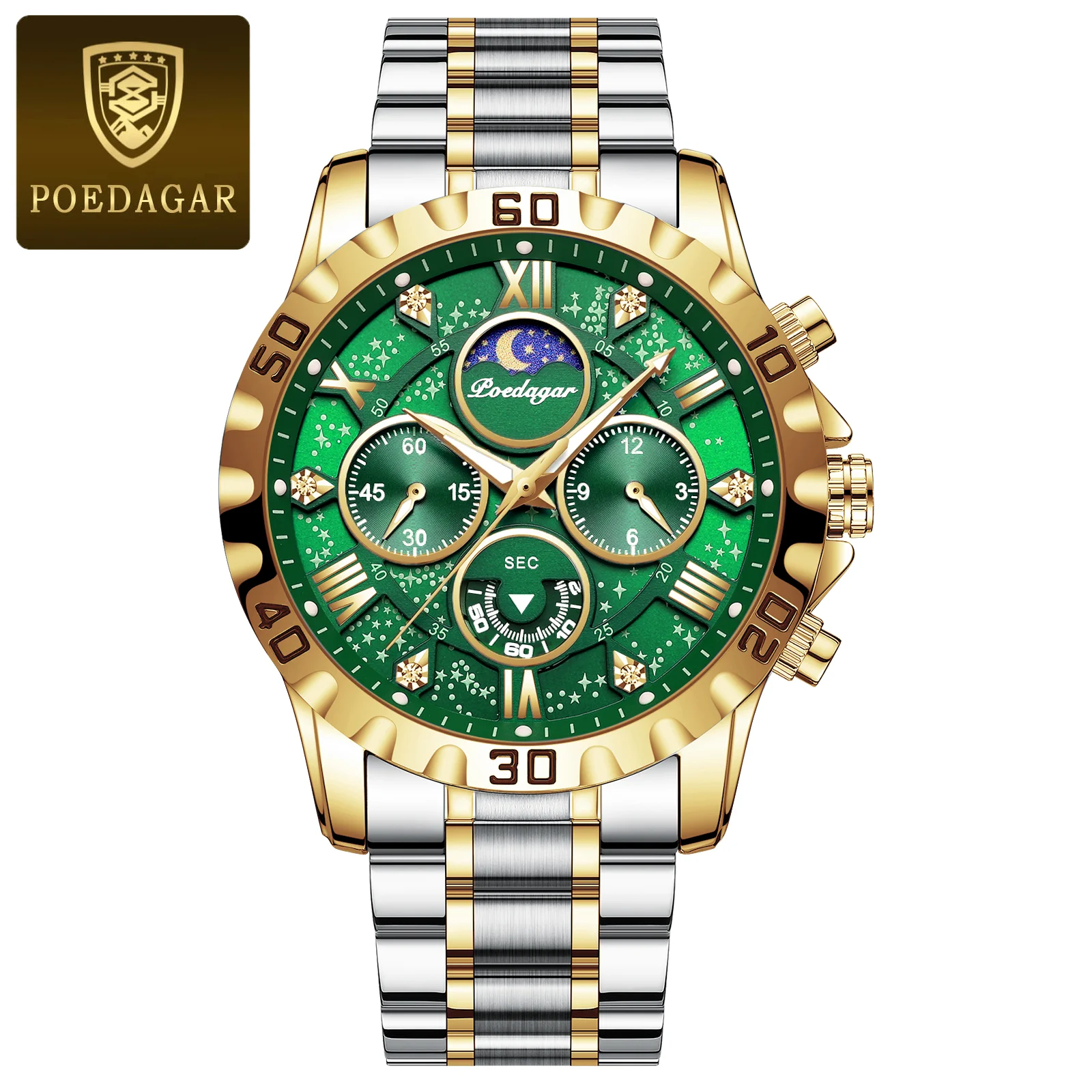 Poedagar-973-Chain-Watch-For-Men-Silver-Gold-Green.webp Poedagar 973 Chain Watch For Men - Silver Gold Green - Image 1