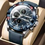 Poedagar E-125 Leather Watch For Men - Silver Blue L