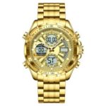 POEDAGAR E108 Multi-Function Dual Display Watch For Men-Full Golden - Image 2
