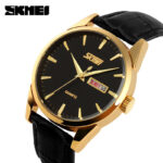 SKMEI 9073 Leather Watch For Men - Black Gold - Image 2