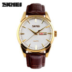 SKMEI 9073 Leather Watch For Men - Gold Brown