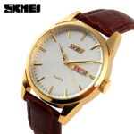 SKMEI 9073 Leather Watch For Men - Gold Brown - Image 2