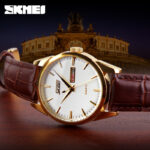 SKMEI 9073 Leather Watch For Men - Gold Brown - Image 3