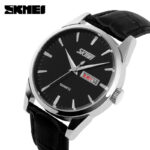 SKMEI 9073 Leather Watch For Men - Silver Black - Image 2