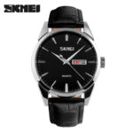 SKMEI 9073 Leather Watch For Men - Silver Black