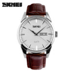 SKMEI 9073 Leather Watch For Men - Silver Brown