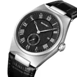 SKMEI 9390 Leather Watch For Men - Full Black Silver - Image 2