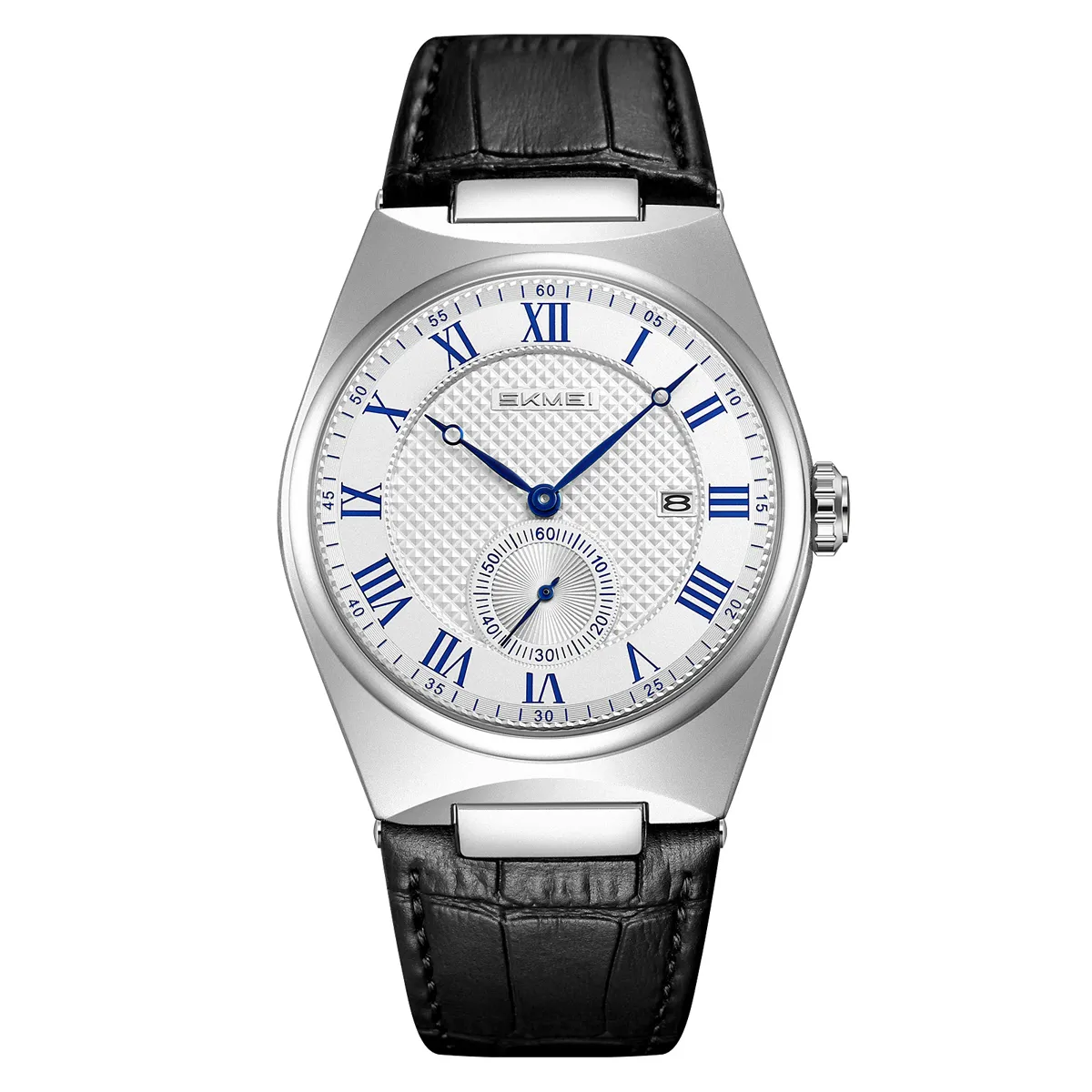 SKMEI-9390-Leather-Watch-For-Men-Silver-Black-Blue.webp SKMEI 9390 Leather Watch For Men - Silver Black Blue - Image 1