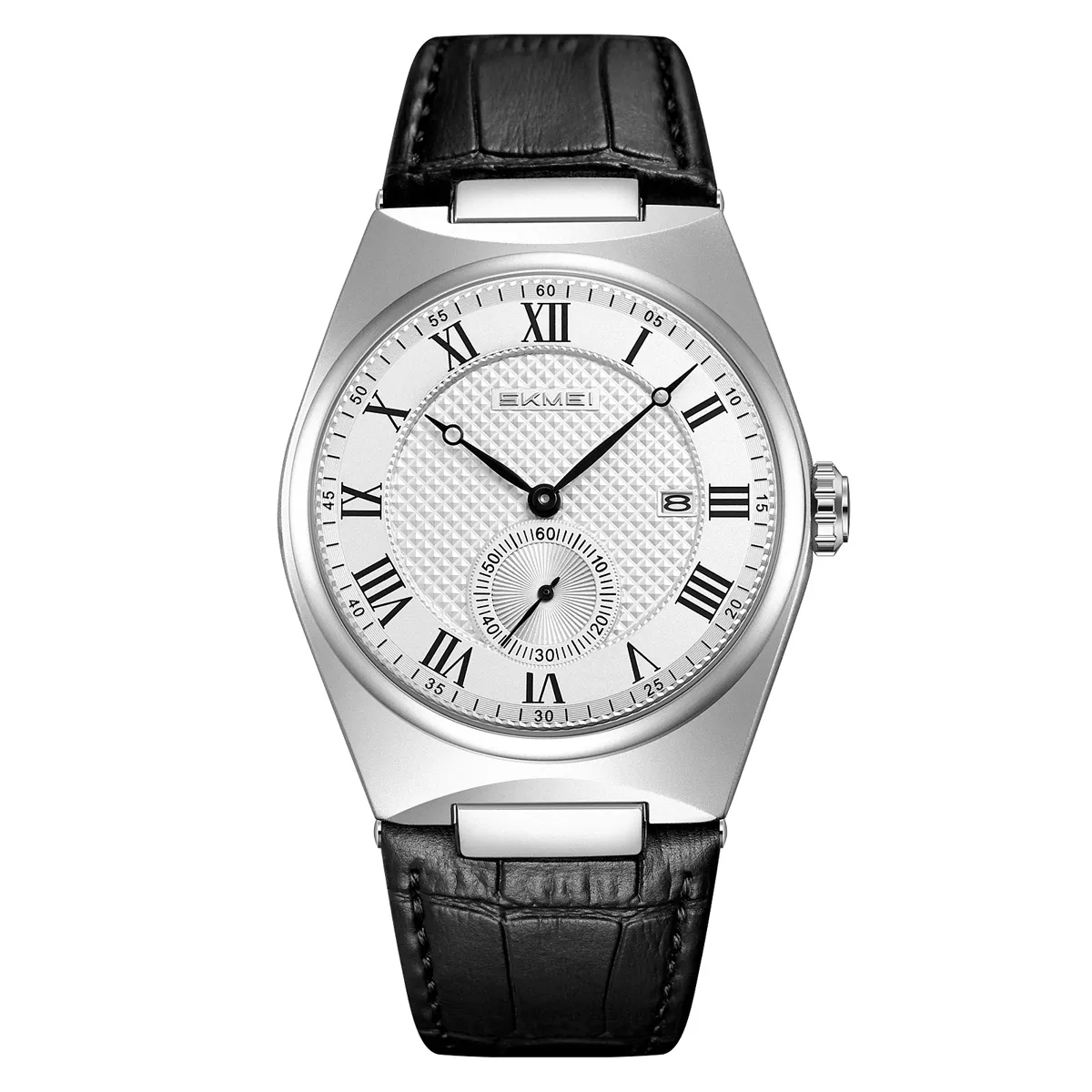 SKMEI-9390-Leather-Watch-For-Men-Silver-Black.webp SKMEI 9390 Leather Watch For Men - Silver Black - Image 1