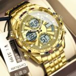 POEDAGAR E108 Multi-Function Dual Display Watch For Men-Full Golden