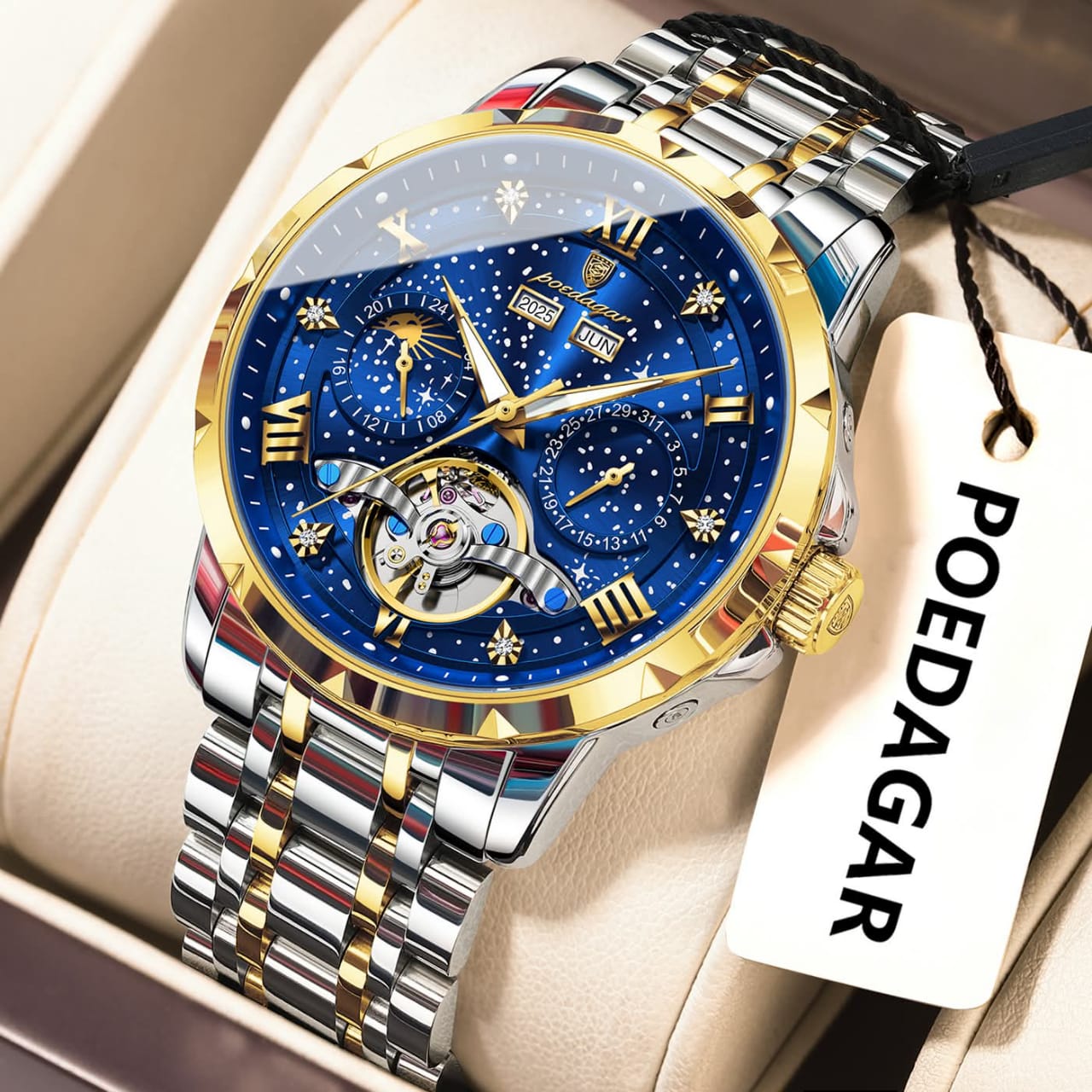 poedagar-1420-automatic-watch-blue.jpeg POEDAGAR 1420 Tourbillon Automatic Mechanical Watch for Men - Golden Blue - Image 1