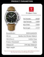 Poedagar 859 Watch For Men-Brown Leather and Full Black Dial - Image 2
